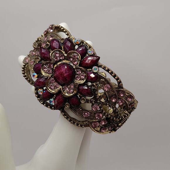 Purple Pink Rhinestone Hinged Bracelet, Victorian Style, 6 1/2 Inches - Picture 3 of 14